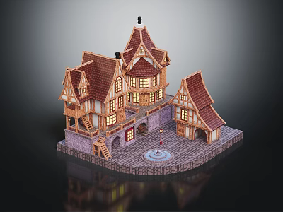 Cartoon Medieval Village Scene with Pointed Roofs Wooden Houses Lit Windows and Central Square Fountain 3d model