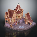 Cartoon Medieval Village Scene with Pointed Roofs Wooden Houses Lit Windows and Central Square Fountain