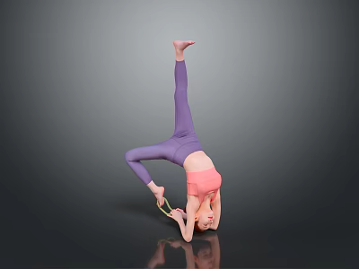 Woman in Pink Top and Purple Leggings Performing Yoga Pose with Strap on Gray Background 3d model