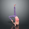 Woman in Pink Top and Purple Leggings Performing Yoga Pose with Strap on Gray Background