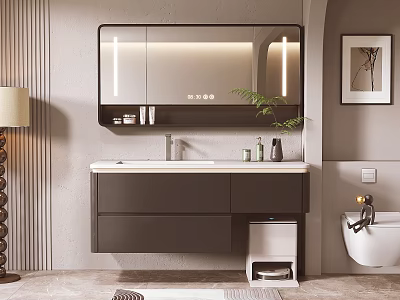 Modern Bathroom Interior With Wall Mounted Vanity Mirror And Storage Cabinet 3d model