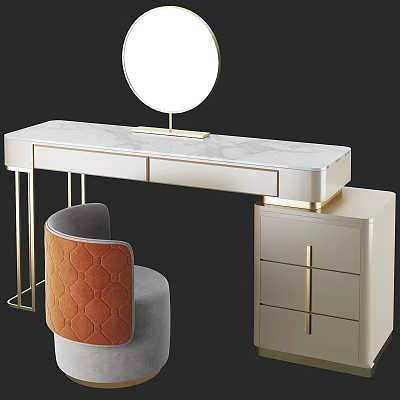 Modern Elegant Dressing Table With Marble Top Gold Frame Orange Velvet Chair And Beige Drawer Cabinet 3d model