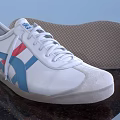 White Shoes With Blue And Red Stripes White Laces Brown Textured Sole With Grid Pattern