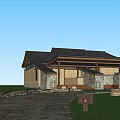 Traditional Modern Courtyard Architecture With Sloped Roof Green Trees And Pedestrian
