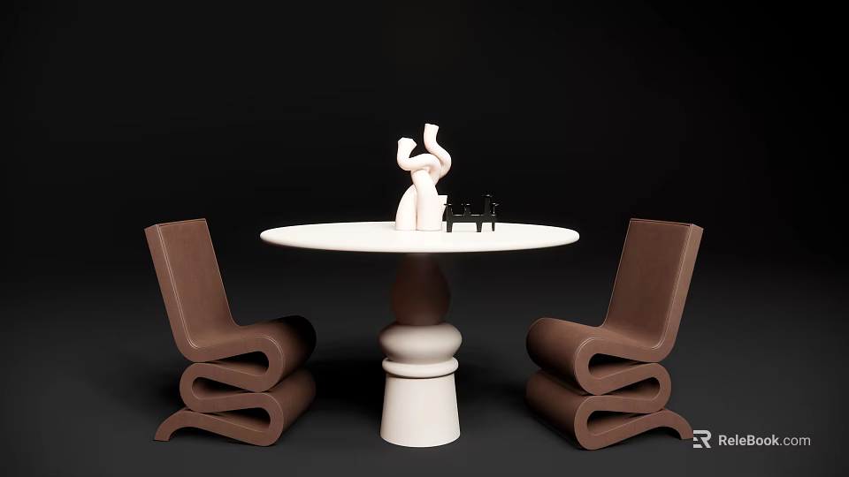 Modern Round White Dining Table Set With Sculptural Base And Brown Curved Chairs 3d model 