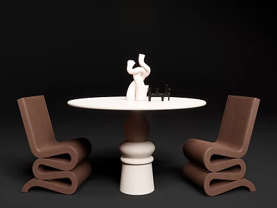 Modern Round White Dining Table Set With Sculptural Base And Brown Curved Chairs 3d model