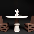 Modern Round White Dining Table Set With Sculptural Base And Brown Curved Chairs