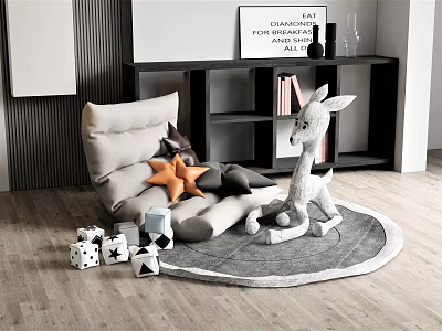 Soft Bean Bag Chair With Star Pillows Giraffe Plush And Geometric Blocks On Gray Rug 3d model