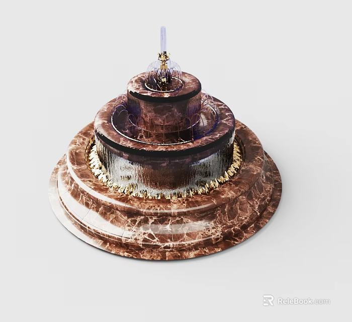 Garden Ornament Multi Tiered Fountain With Marble Texture And Gold Accents 3d model 