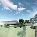 Modern Building With Glass Curtain Wall White Geometric Facade Green Lawn Trees And Blue Sky
