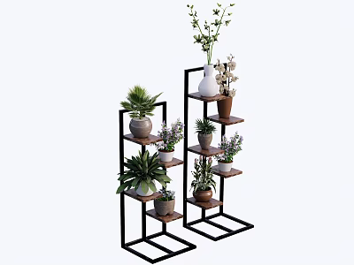 Decorative Potted Plants On Multi Tier Black Metal Plant Stands With Various Sizes 3d model