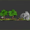 Cartoon Scene With Green Trees Rocks Dirt Path Green Grass And Pink Flowers