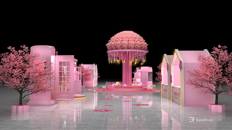 Pink Themed Photo Check In Spot With Cherry Blossom Tree And Pink Cottages 3d model 