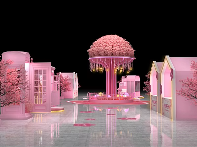 Pink Themed Photo Check In Spot With Cherry Blossom Tree And Pink Cottages 3d model
