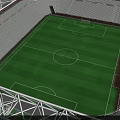 Football Stadium with Green Grass Pitch White Lines Spectator Stands and Roof Trusses