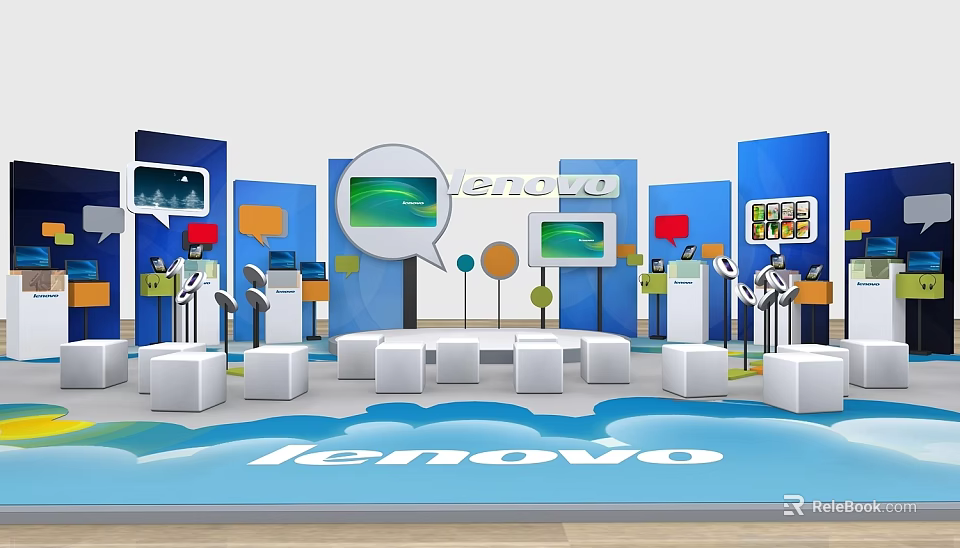 Lenovo Exhibition Booth With Blue Backdrops Display Screens White Seats And Podiums 3d model 