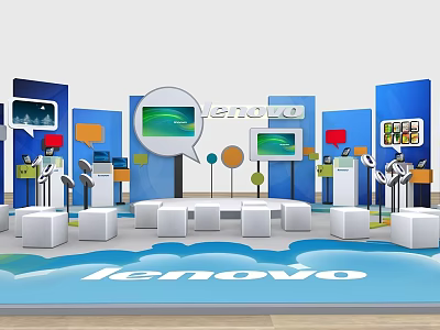 Lenovo Exhibition Booth With Blue Backdrops Display Screens White Seats And Podiums 3d model