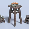Rustic Wooden Dining Table with Four Stools and Metal Pots on Vintage Newspapers