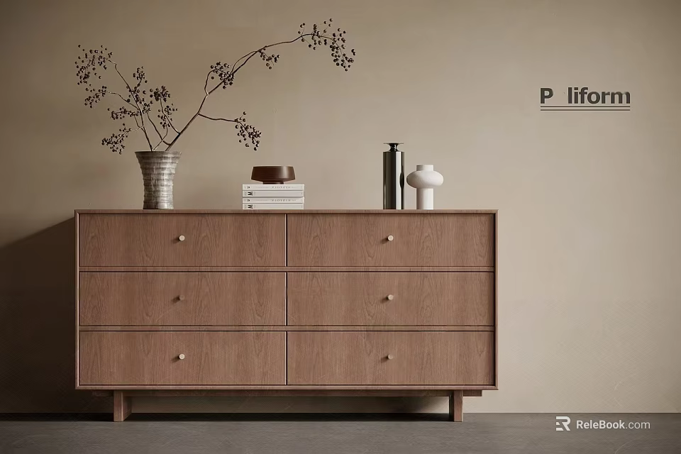 Modern Wooden Console Side Cabinet With Drawers Vase Books And Decorative Items 3d model 