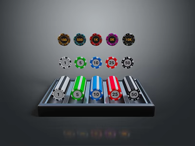 Colorful Poker Chips Set with Denomination Values in Storage Tray Organizer 3d model