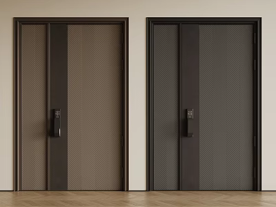 Modern Security Doors With Herringbone Pattern Dark Brown And Black Finish Door Handles And Locks 3d model