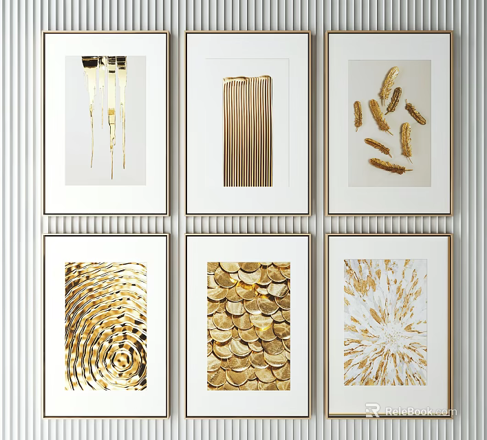 Stylish Gold Patterned Decorative Art Prints On White Background Hanging On Wall 3d model