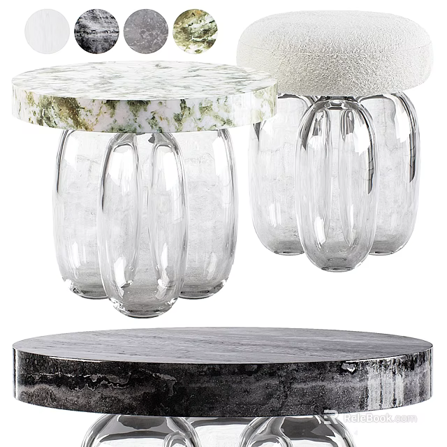 Elegant Modern Stool Featuring Round Marble Top And Clear Glass Legs For Interior 3d model 