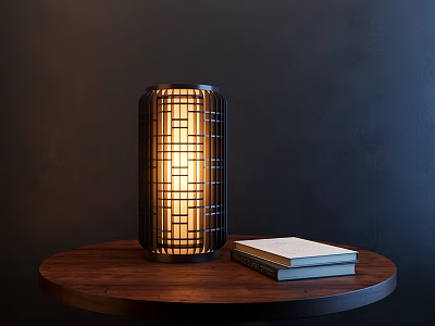 Modern Lattice Design Table Lamp With Warm Light On Wooden Round Table And Books 3d model