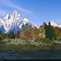Breathtaking Mountain Lake Scenery With Blue Sky Snow Capped Peaks Colorful Trees And Grassy Shore