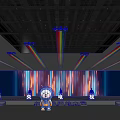 Stage Setup With Colorful Light Projections Large LED Screen And Cartoon Character