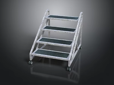 Silver Metal Step Ladder With Four Dark Tread Steps And Wheels 3d model