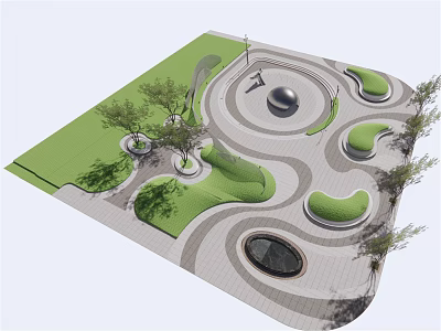 Modern Urban Park Landscape Design With Curved Pathways Green Lawns Spherical Sculpture And Trees 3d model