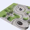 Modern Urban Park Landscape Design With Curved Pathways Green Lawns Spherical Sculpture And Trees