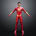 Superhero Character In Red Bodysuit With Golden Patterns Standing Arms Outstretched Dark Background