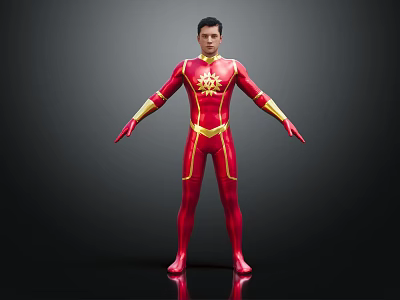 Superhero Character In Red Bodysuit With Golden Patterns Standing Arms Outstretched Dark Background 3d model