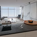 Modern Living Room Interior With Large Bookshelf Grey Sofa Green Plant And Coffee Table