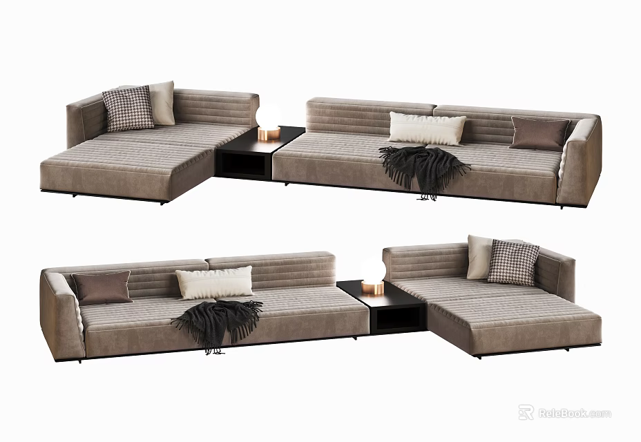 Modern Sectional Sofa With Beige Upholstery Throw Blanket And Side Table 3d model