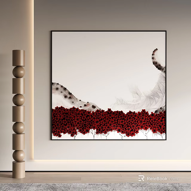 Artwork With Red Flowers Gray Elements And White Background Near Decorative Column 3d model