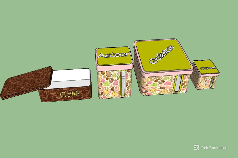Patterned Storage Boxes In Various Sizes With Text On Lids Brown Pink Green 3d model 