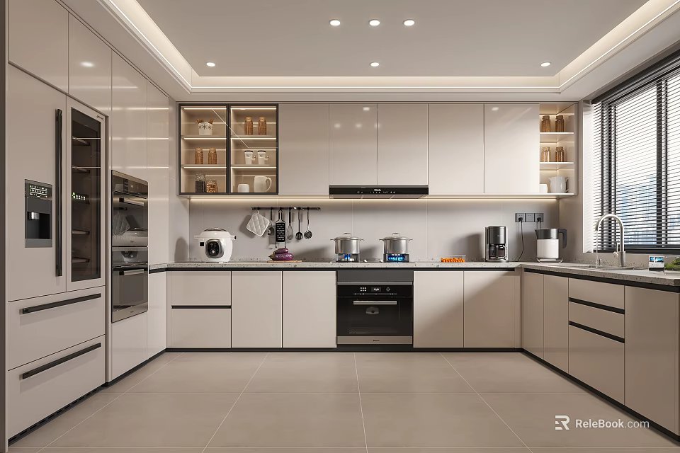 Modern Kitchen Interior With White Cabinets Built in Appliances And Bright Window 3d model 