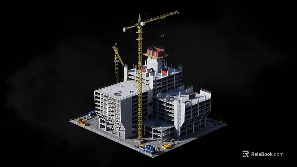 Active Construction Site Featuring Building Under Construction with Tower Cranes Scaffolding and Equipment 3d model 