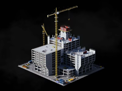 Active Construction Site Featuring Building Under Construction with Tower Cranes Scaffolding and Equipment 3d model