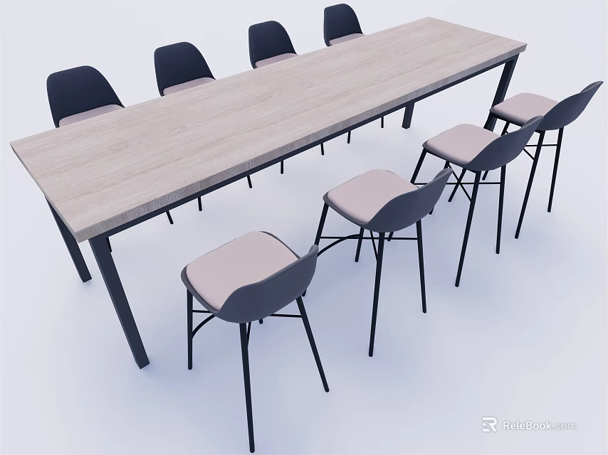 Modern Conference Table With Wooden Tabletop Black Legs And Six Light Gray Cushioned Chairs 3d model 