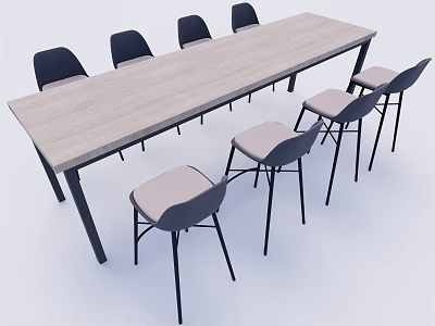 Modern Conference Table With Wooden Tabletop Black Legs And Six Light Gray Cushioned Chairs 3d model