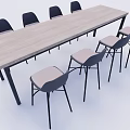Modern Conference Table With Wooden Tabletop Black Legs And Six Light Gray Cushioned Chairs