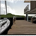 Wooden Bridge Dock With White Sailboat Green Hills And Cloudy Sky