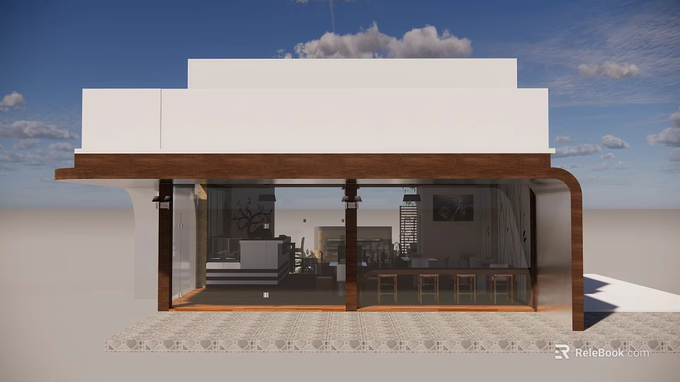 Modern White Building Exterior With Brown Overhang Glass Doors And Visible Interior Furniture 3d model 
