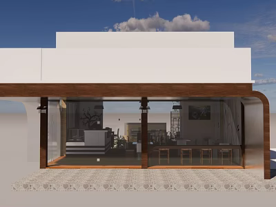 Modern White Building Exterior With Brown Overhang Glass Doors And Visible Interior Furniture 3d model