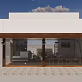 Modern White Building Exterior With Brown Overhang Glass Doors And Visible Interior Furniture