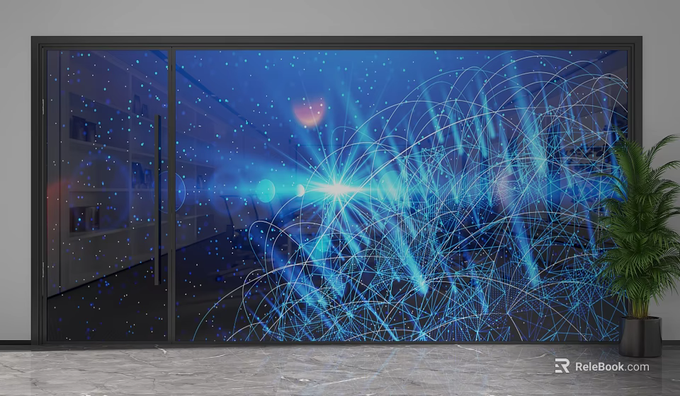 Modern Glass Partition Design With Blue Technological Pattern And Glowing Lines 3d model 